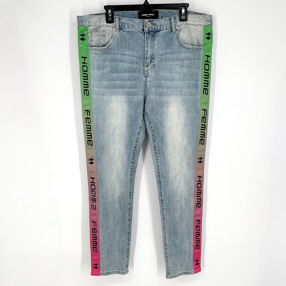 Homme + Femme NEW Tesla Skinny Blue Jeans Sz 40 Green Pink Gradient Logo Ribbon